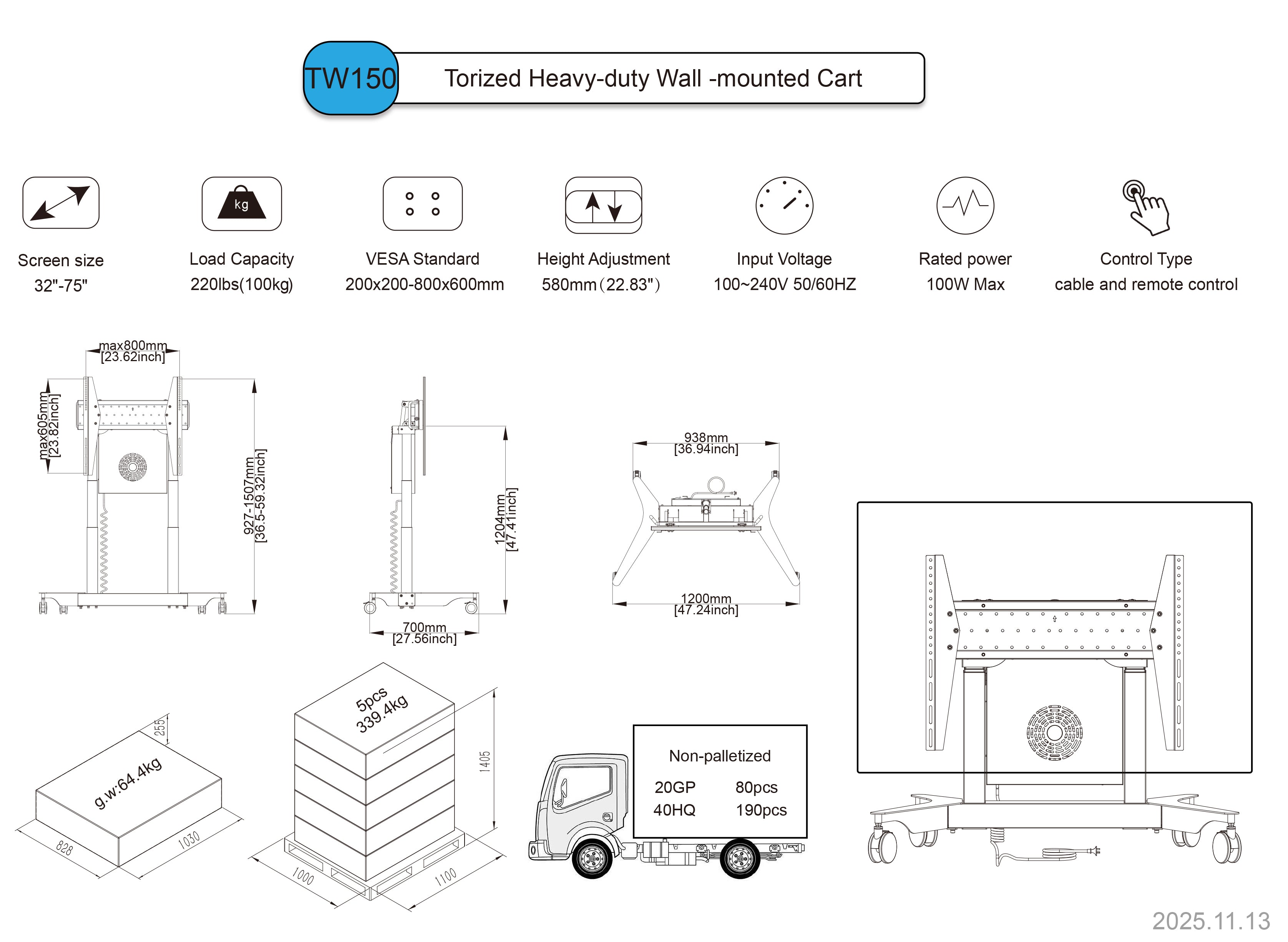 Electric Height Adjustable Presentation Easel Stand Mount Bracket TW150 Black