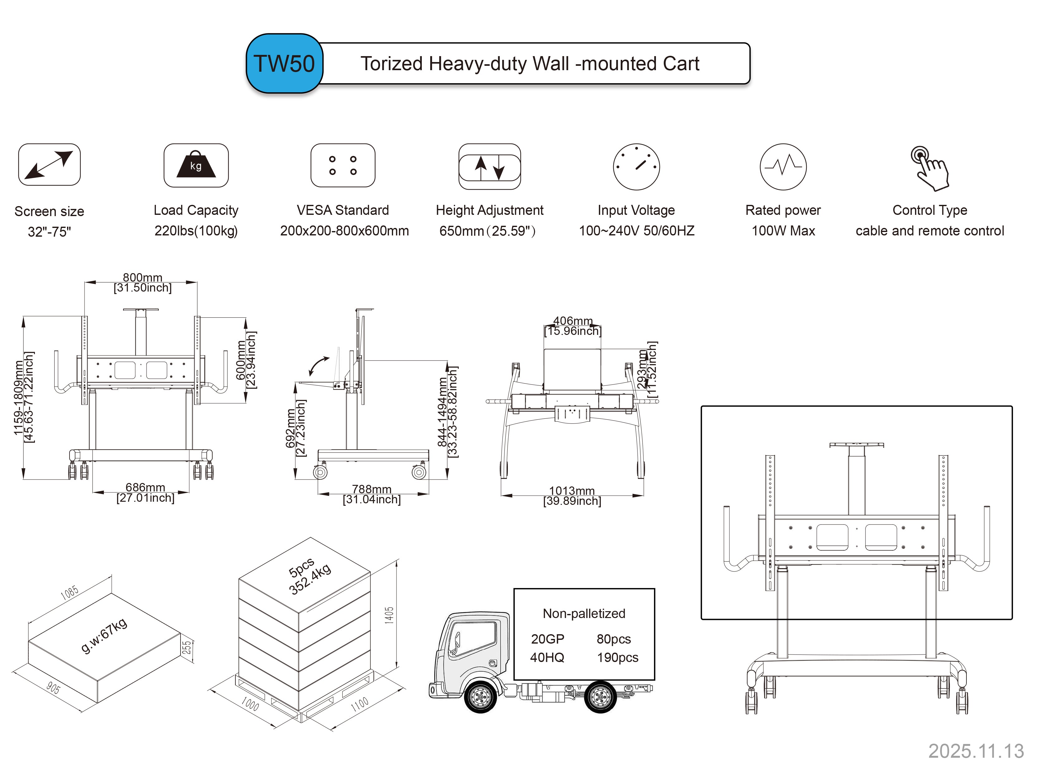 TW50 Electric Vertical Lift Touch Screen Tv Mount in Black