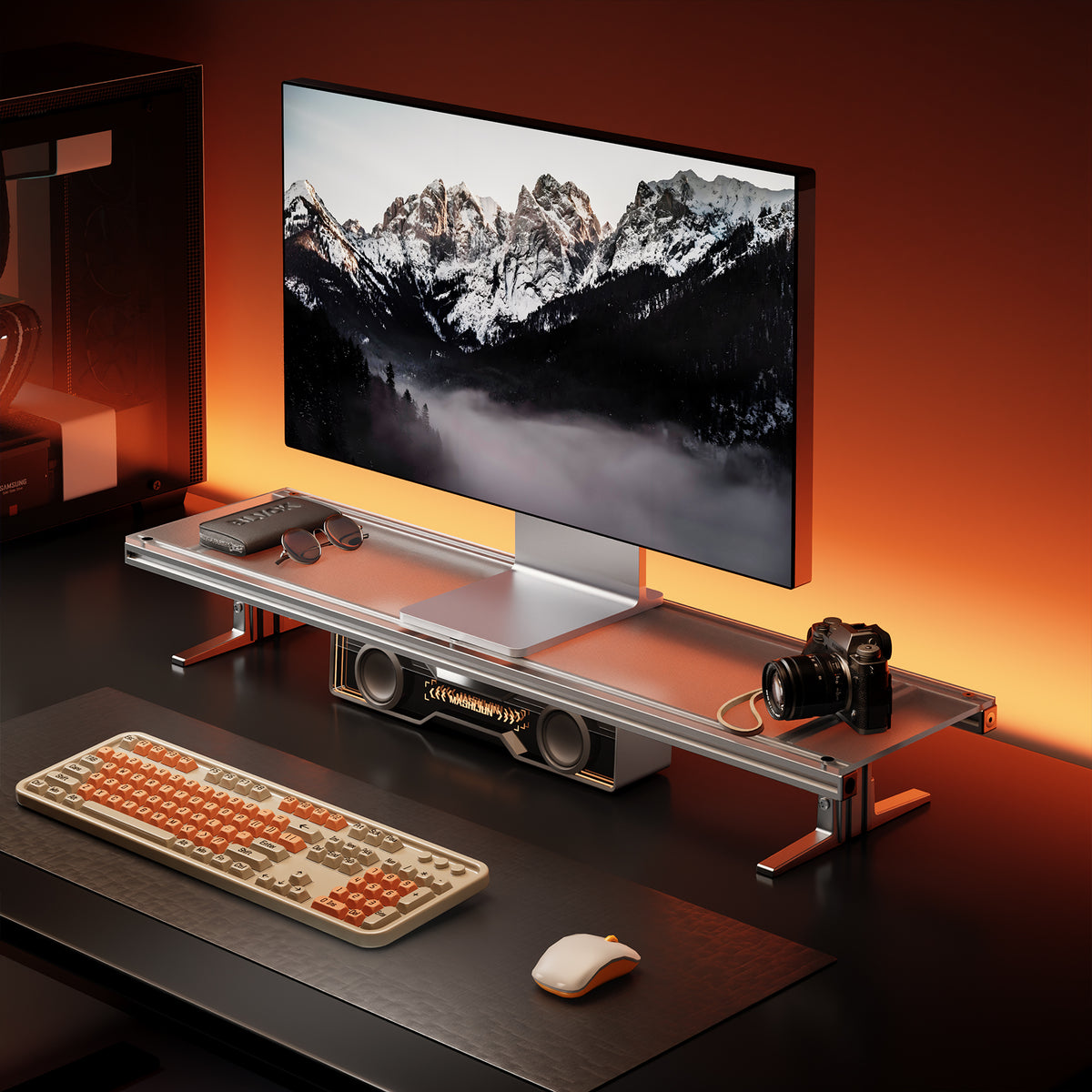 Ergonomic Acrylic Monitor Riser with RGB Lighting, Aluminum Height Adjustable Dual Monitor Stand, Gaming Desk Desktop Organizer