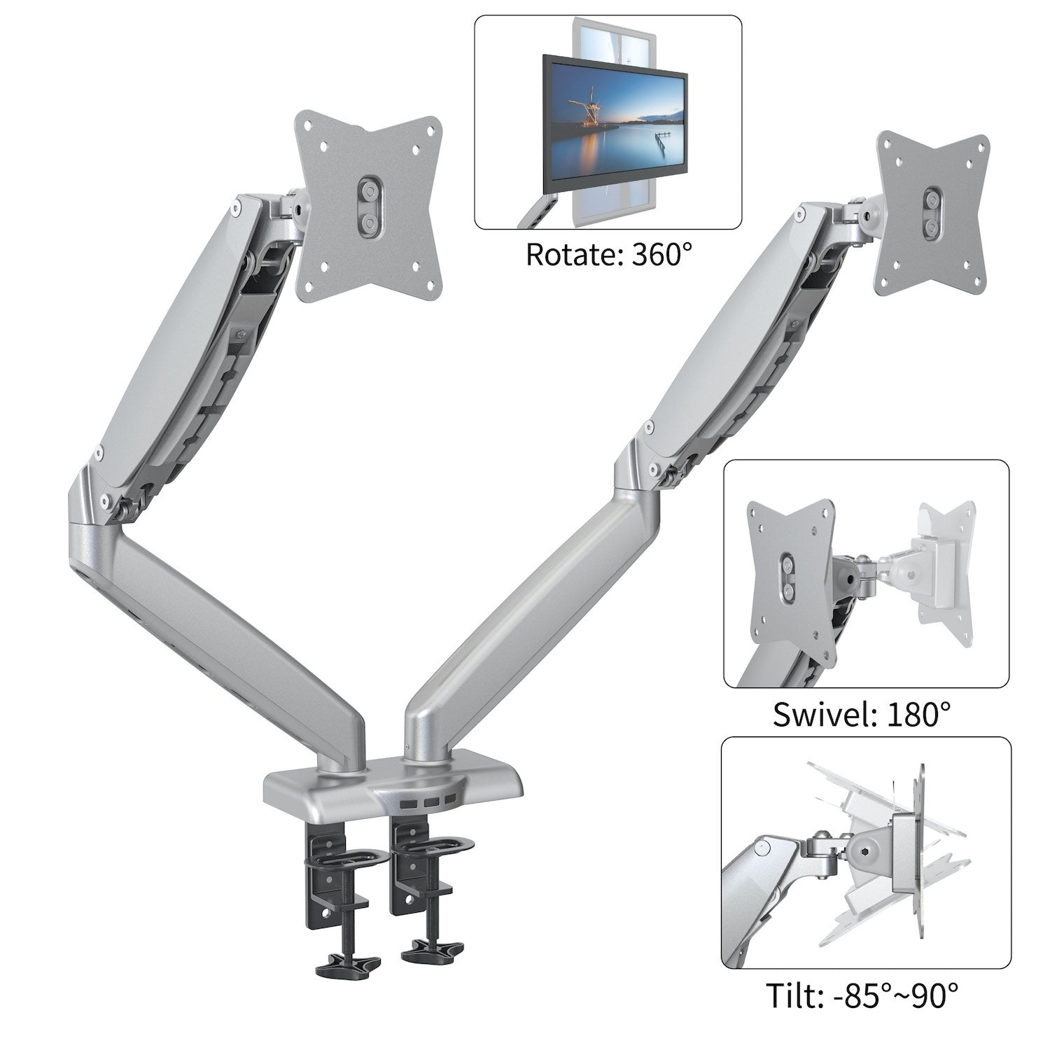 GKU Dual Monitor Desk Mount Arm With USB 3.0- ProRiser Gas Spring Monitor Stand