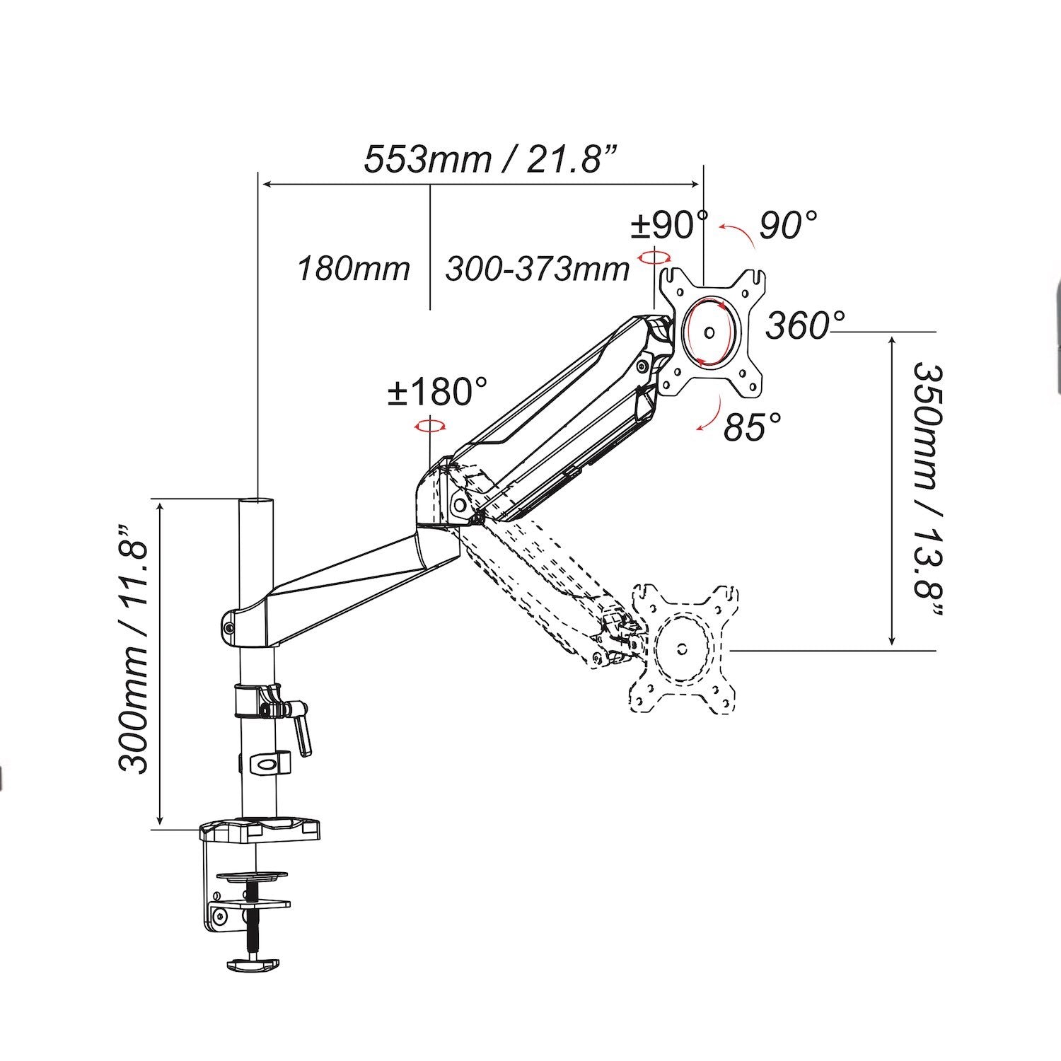 GKU LCD Monitor Desk Mount - ProRiser V1 Gas Spring Fully Adjustable Monitor Arm black