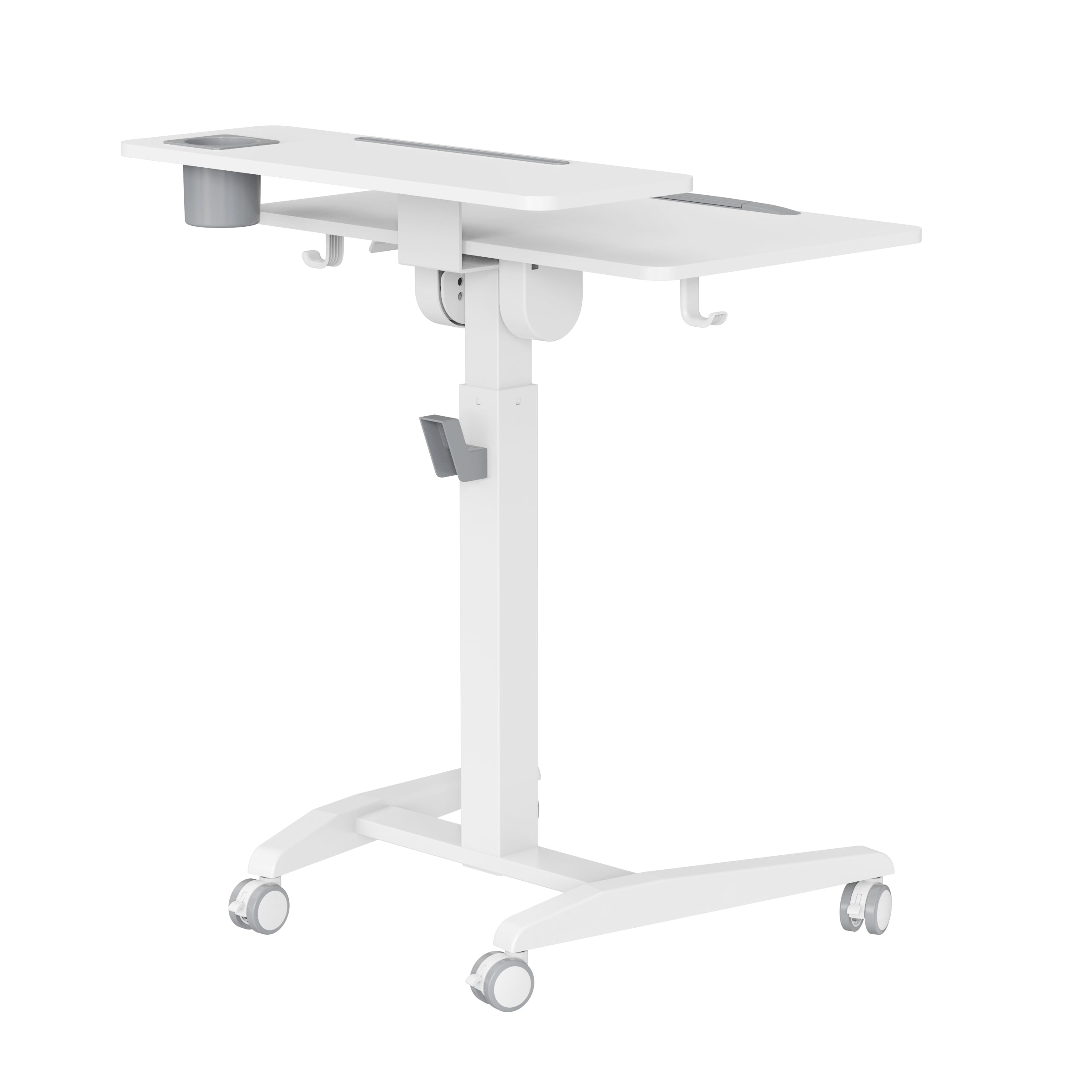 GKU Mobile Rolling Dual-level Laptop Stand | Height Adjustable Sit Stand Desk with Cup Holder & Hooks White F047-FA114