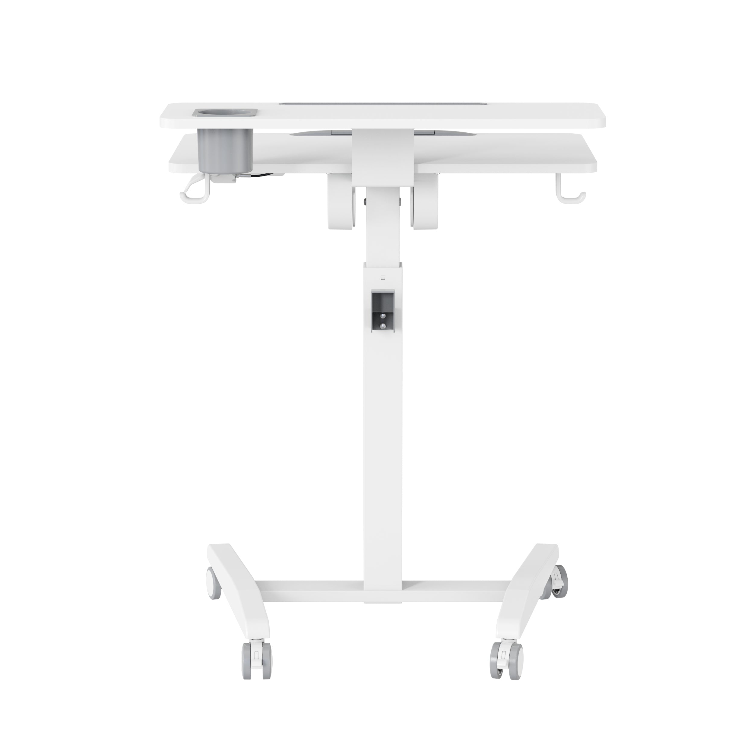 GKU Mobile Rolling Dual-level Laptop Stand | Height Adjustable Sit Stand Desk with Cup Holder & Hooks White F047-FA114