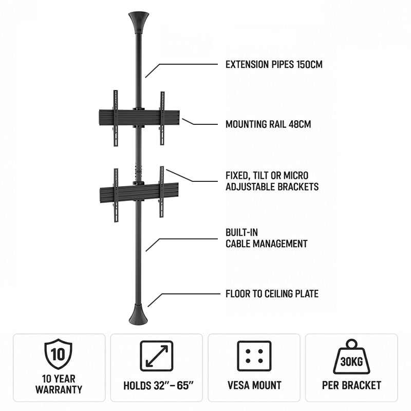Mountech Floor-to-Ceiling TV Signage Mount Stand – Single, Dual or Back-to-Back | MTECFS11B