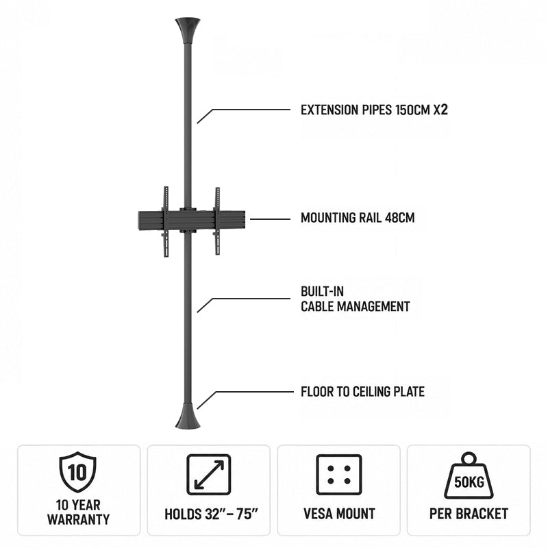 Mountech Floor-to-Ceiling TV Signage Mount Stand – Single, Dual or Back-to-Back | MTECFS11B