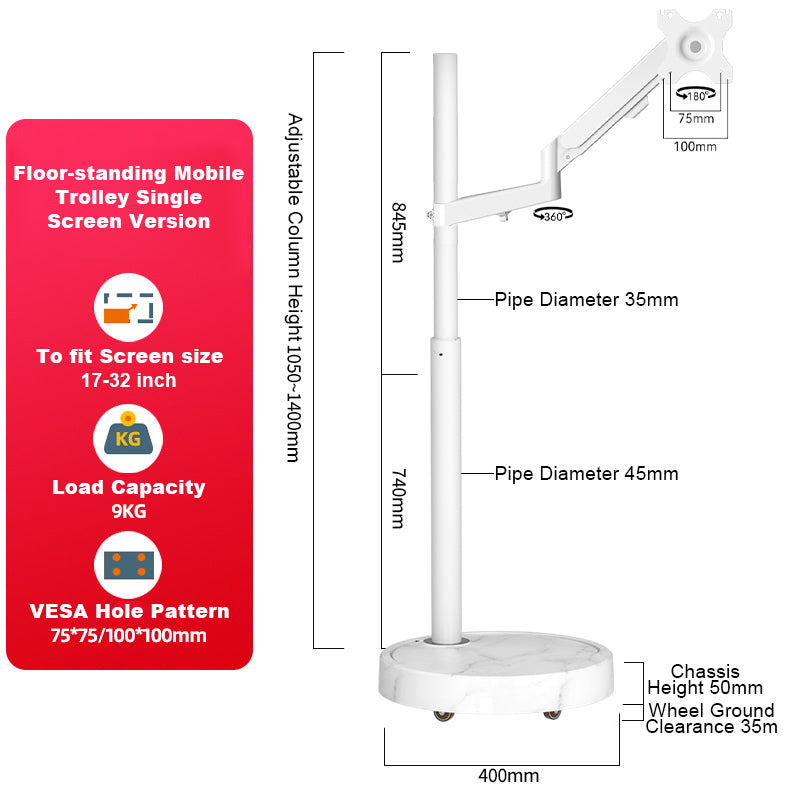 TV Monitor floor mobile stand Mount Bracket white marble base Gas Arm Shelf