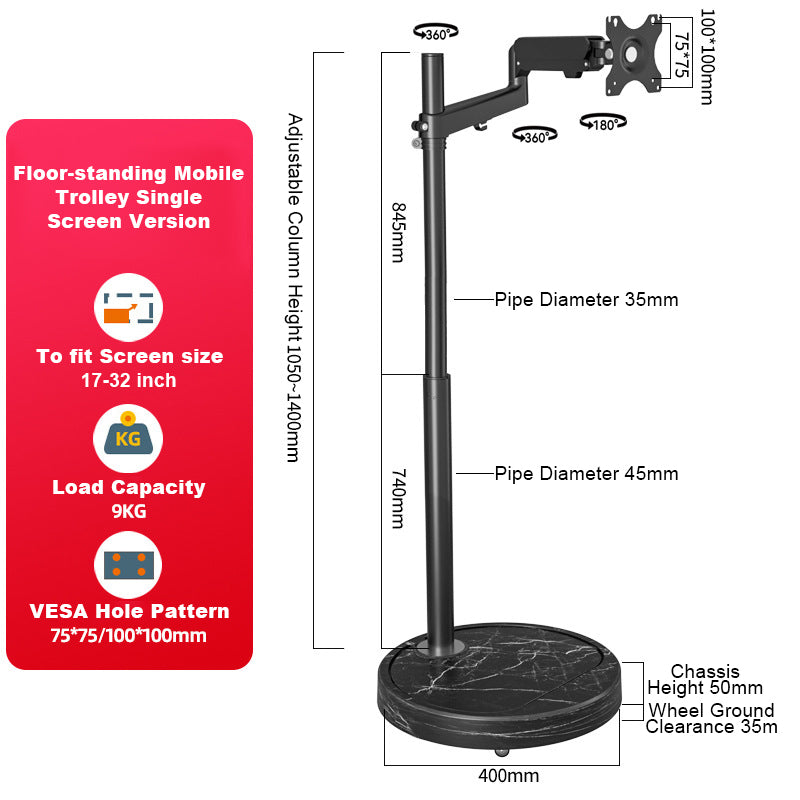 TV Monitor floor mobile stand black marble base-vesa 100 floor stand