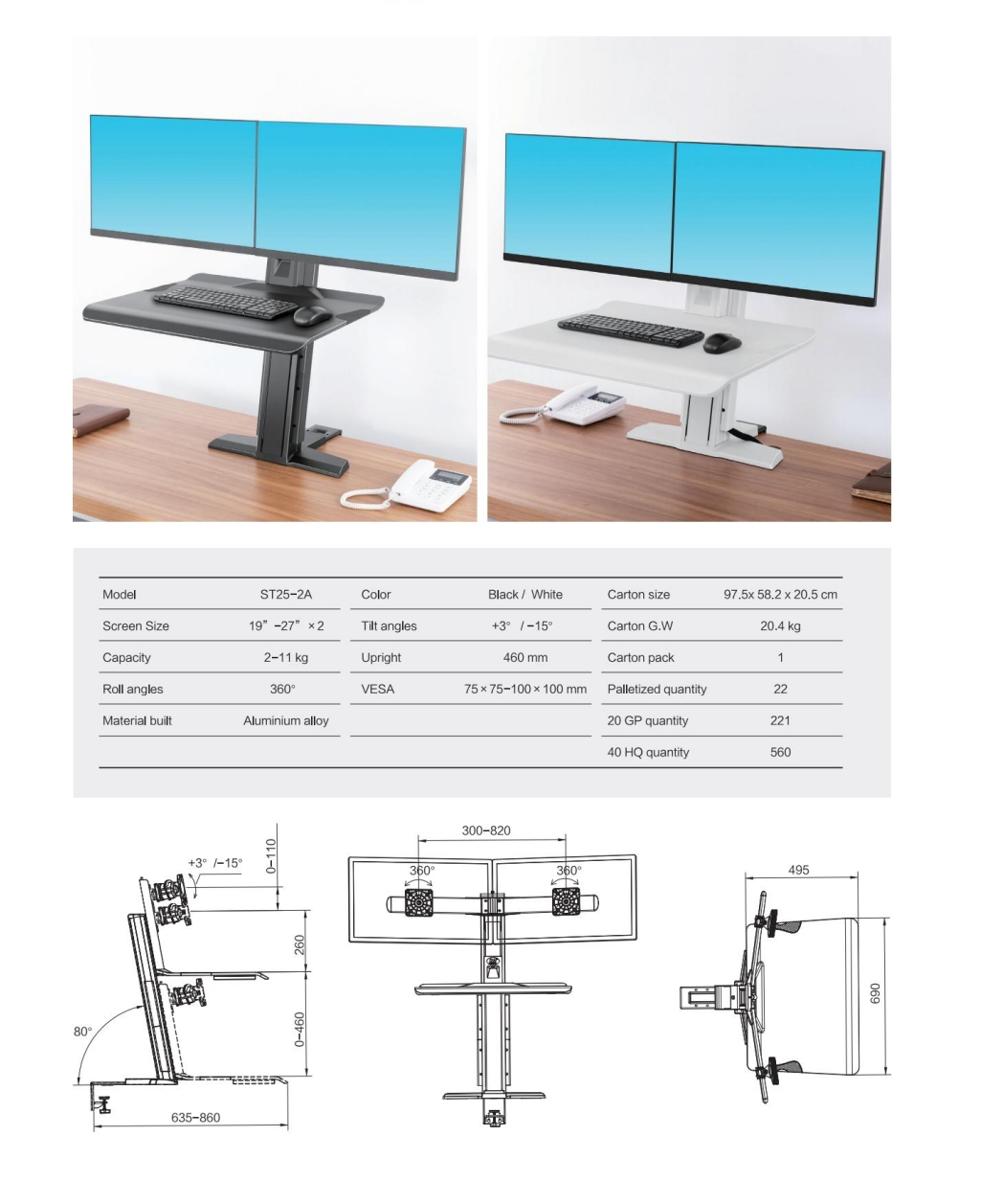 Work station Standing Screen Sit Stand 19"-27"" up to 11kg