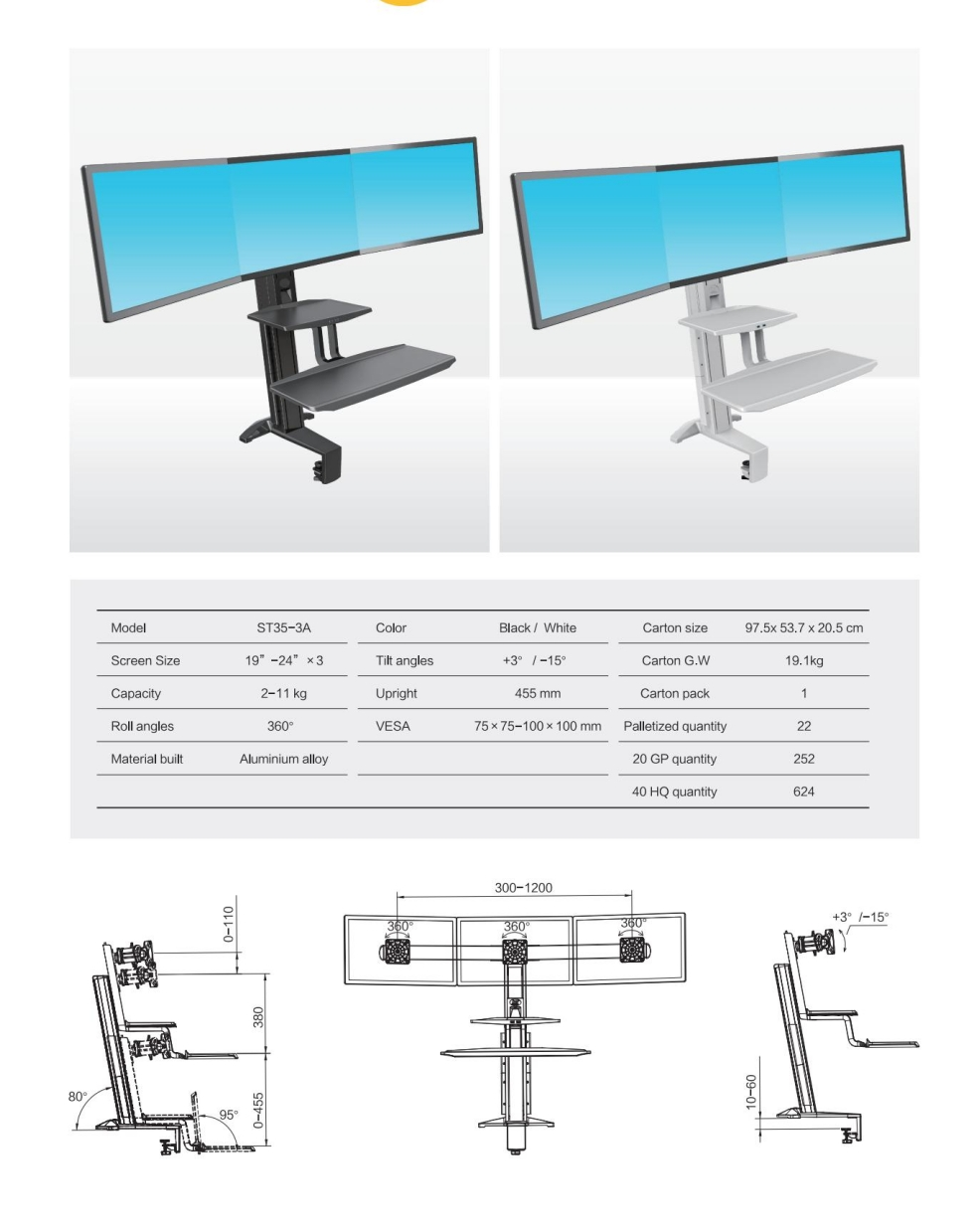 Work station Standing TRIPLE Screen Sit Stand 19-24" up to 11kg