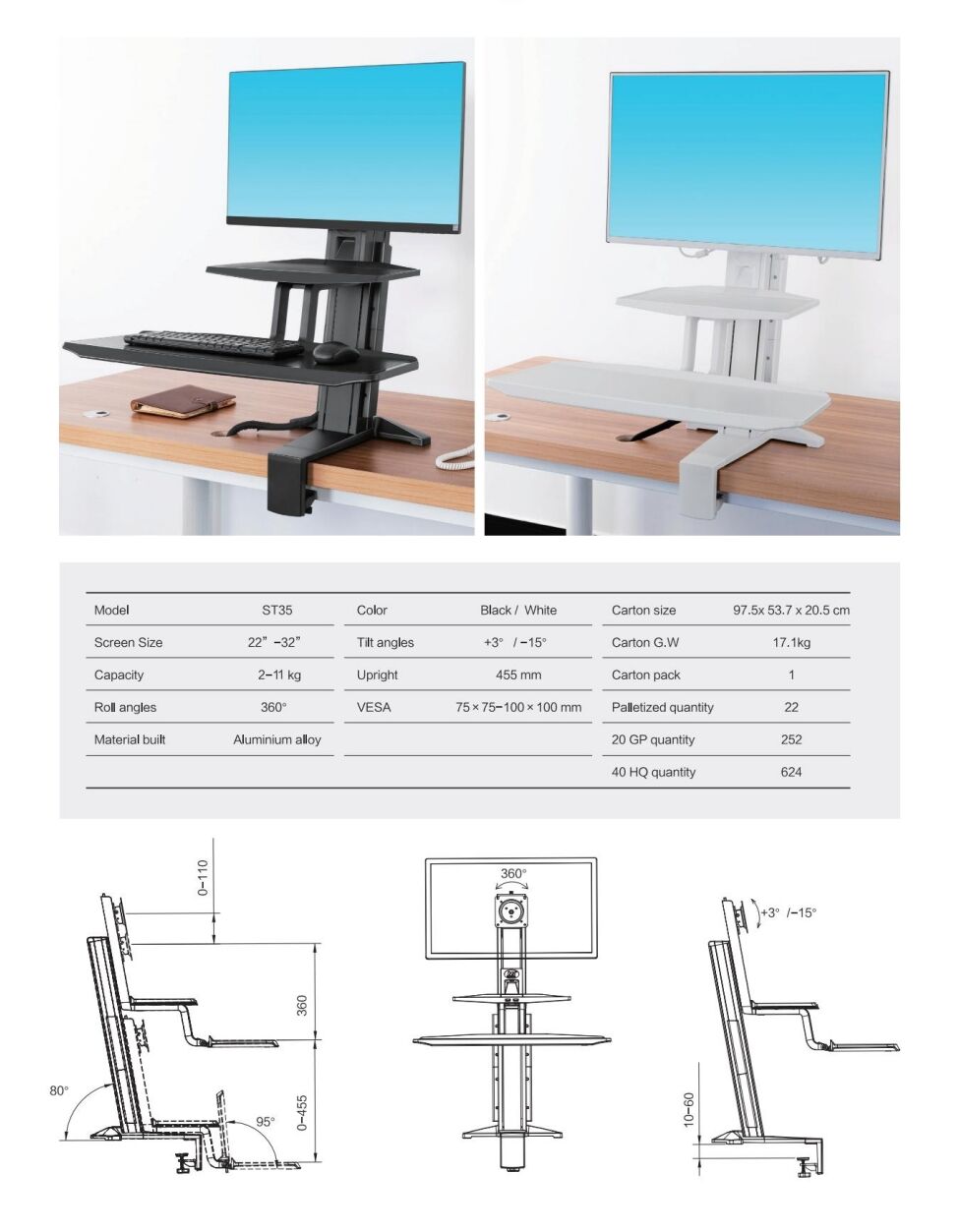 st35 Work station Standing Screen Sit Stand 22"-32" up to 11kg