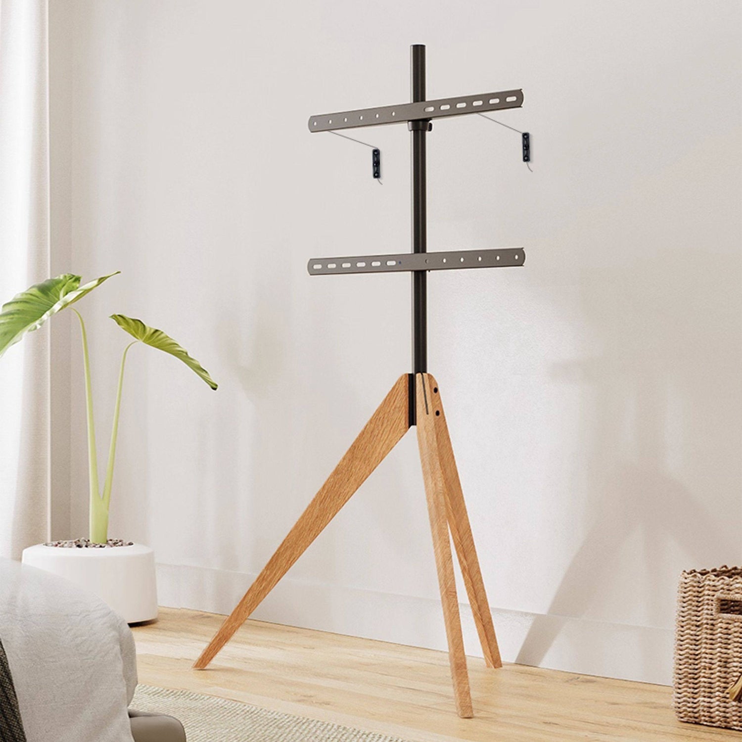 Tripod TV Stand for 32-65 Inch TVs | Beech Wood Height Adjustable Floor TV Mount
