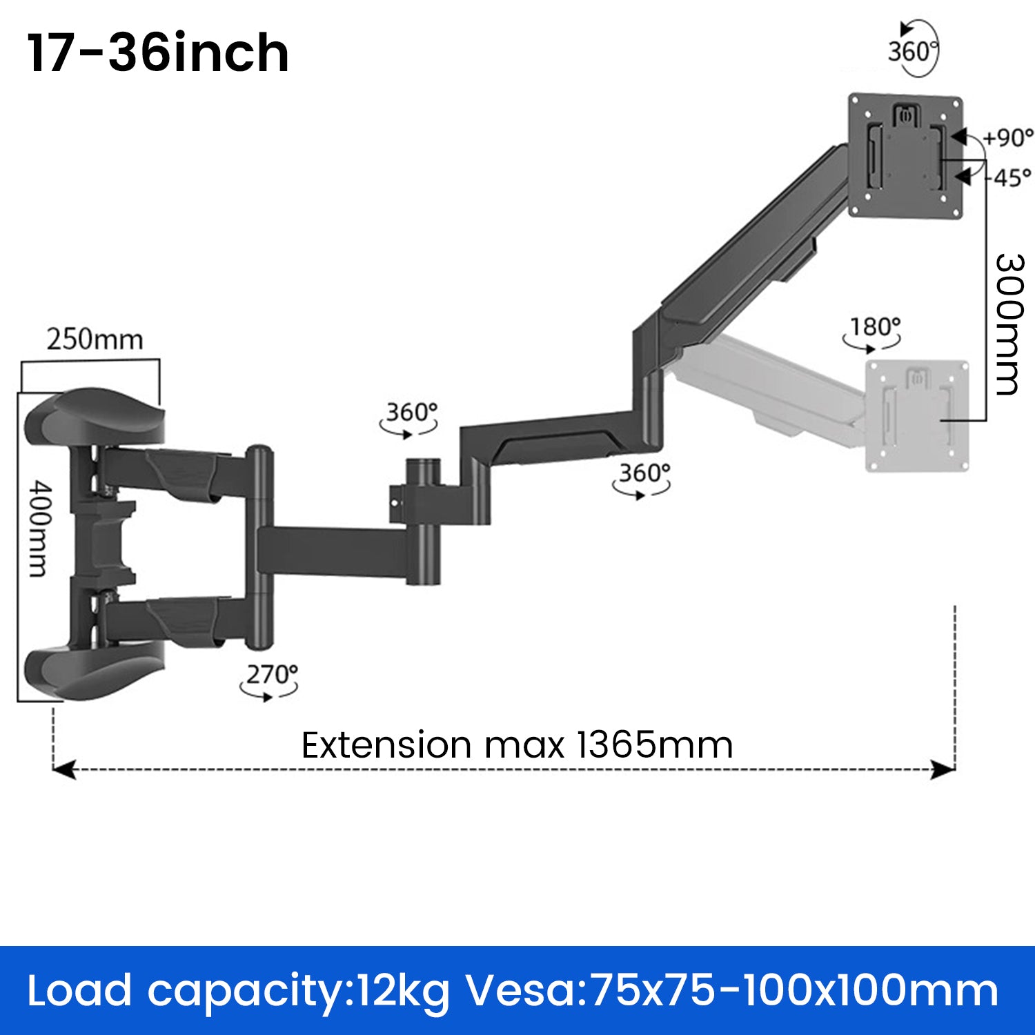 Extra Long Arm Extending Wall Mount for monitors gas struct 1000-1375mm reach