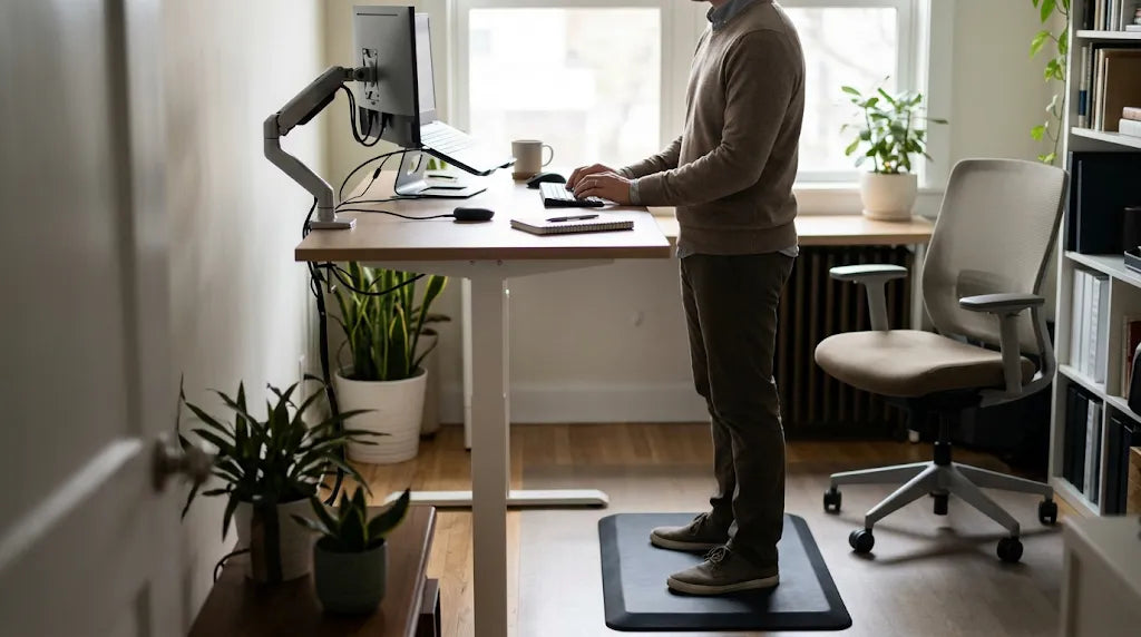 Proper standing desk height setup with elbows at 90 degrees