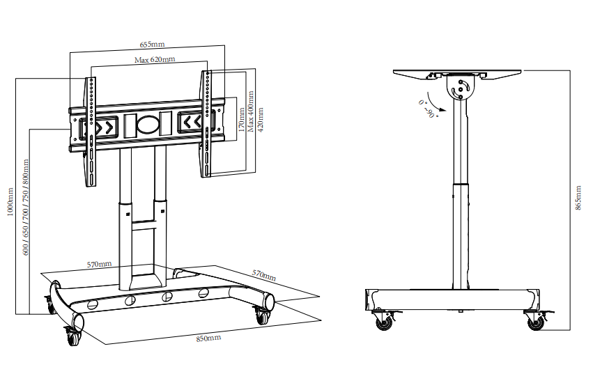 Steel TV Mobile Cart Reduced Height Tilting mobile Touch Screen Stand - T104xs