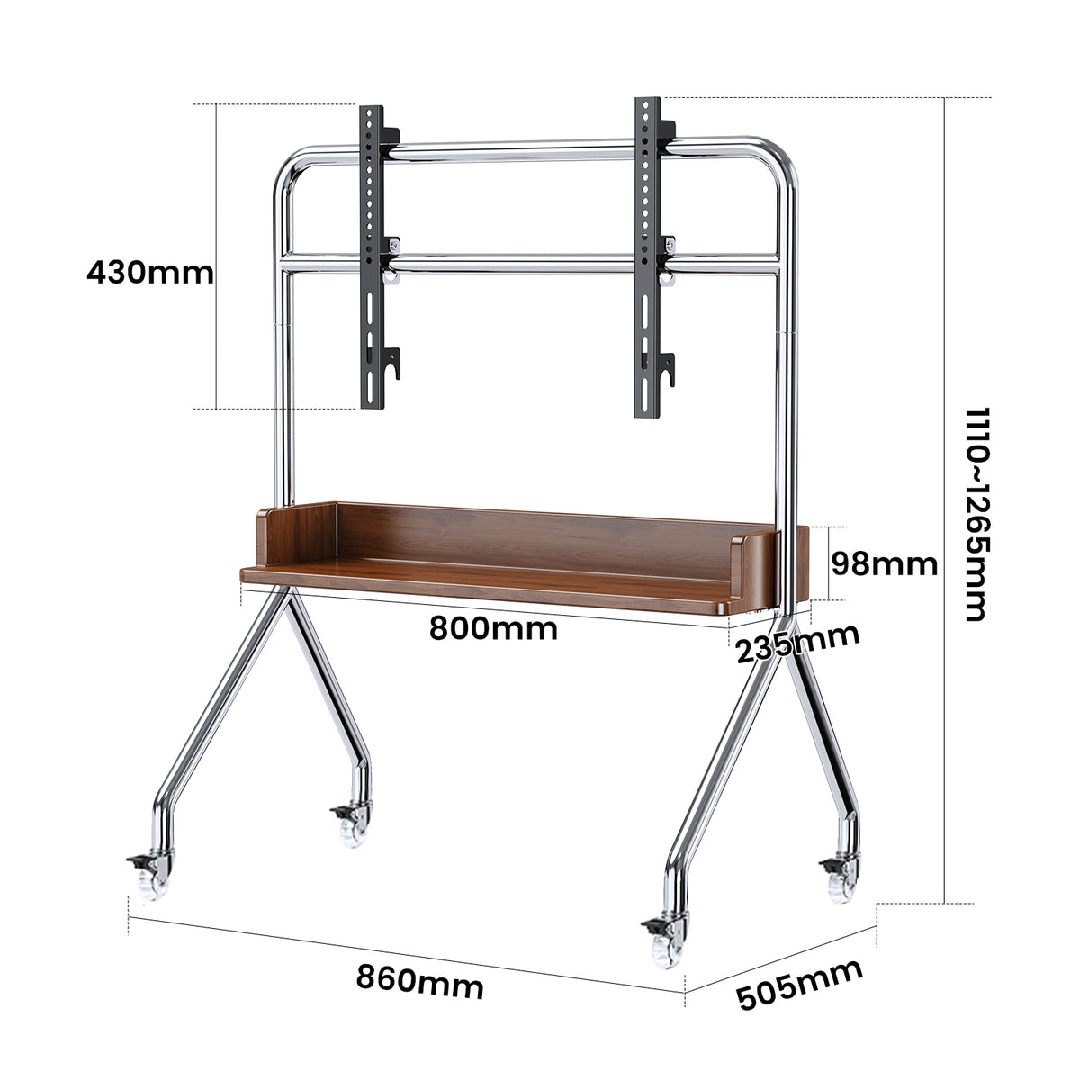 Nomad Solid Mobile TV TROLLEY Stand Mount Bracket Stainless Steel with Timber Shelf 32 to 75 inch