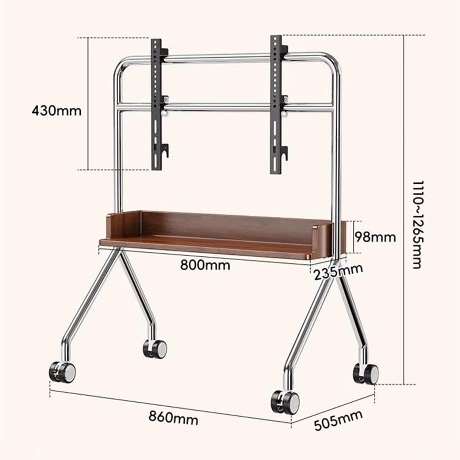 TV TROLLEY stand Stainless Steel with Timber Shelf 32 to 75 inch