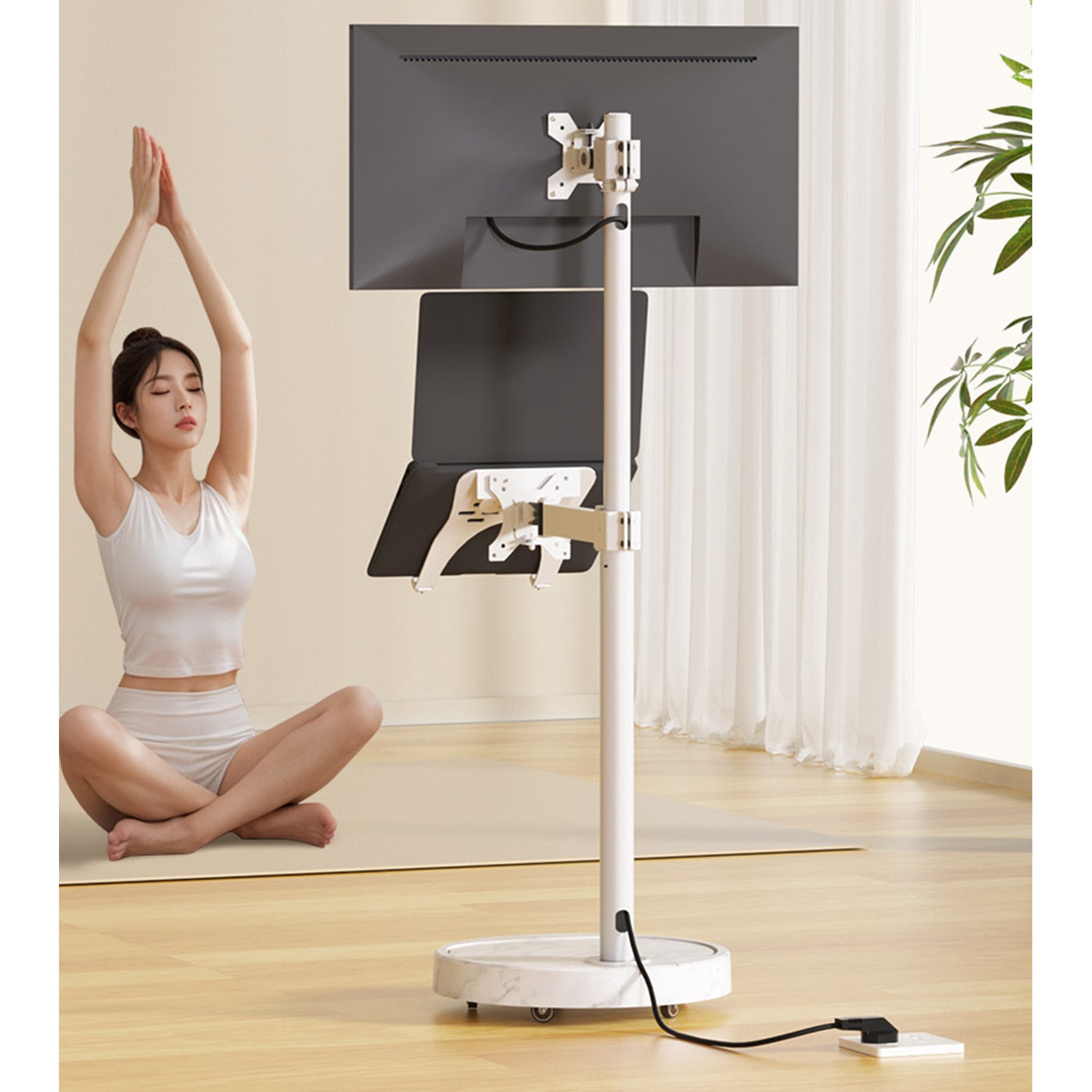 TV Monitor floor mobile stand Mount Bracket white marble base Gas Arm Shelf