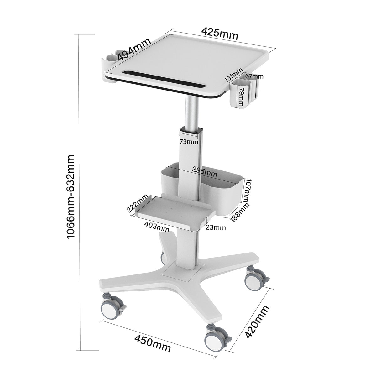 Mobile Medical Laptop Cart, Height‑Adjustable Medical Workstation Trolley with Probe Holders & Storage Bin for Ultrasound, Clinic, Hospital & Dental Use