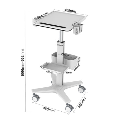 Mobile Medical Laptop Cart, Height‑Adjustable Medical Workstation Trolley with Probe Holders & Storage Bin for Ultrasound, Clinic, Hospital & Dental Use