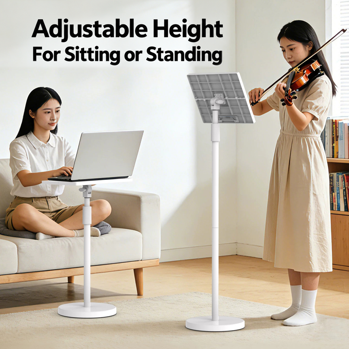 Adjustable Height Floor Tablet Stand, Multi-Purpose Laptop Book Music Stand with Heavy Base, Sit & Use Freestanding Reading Holder