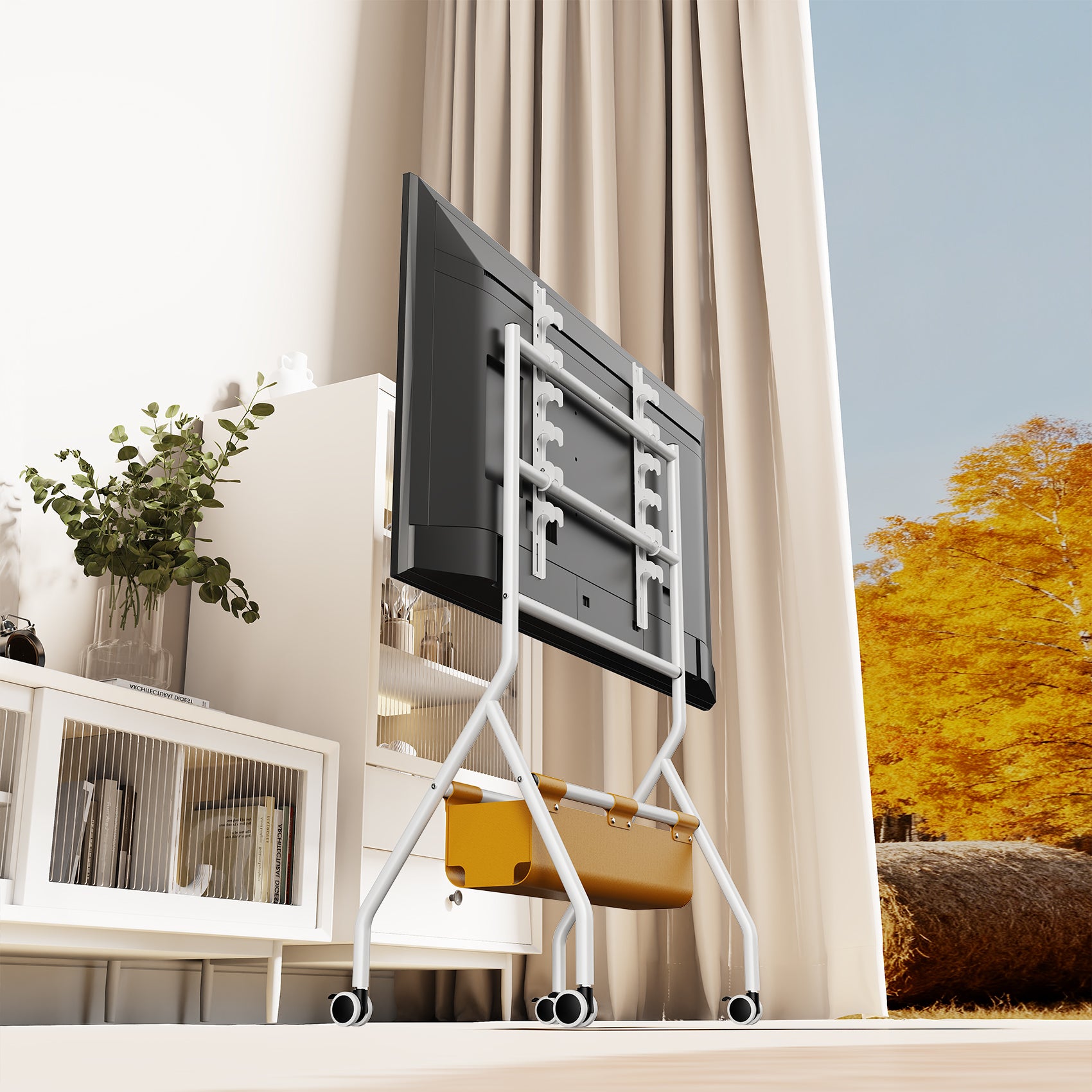 Mobile TV Stand with Wheels & Storage Basket Adjustable Height Floor Mount for 32-75 Inch TVs ystc-07