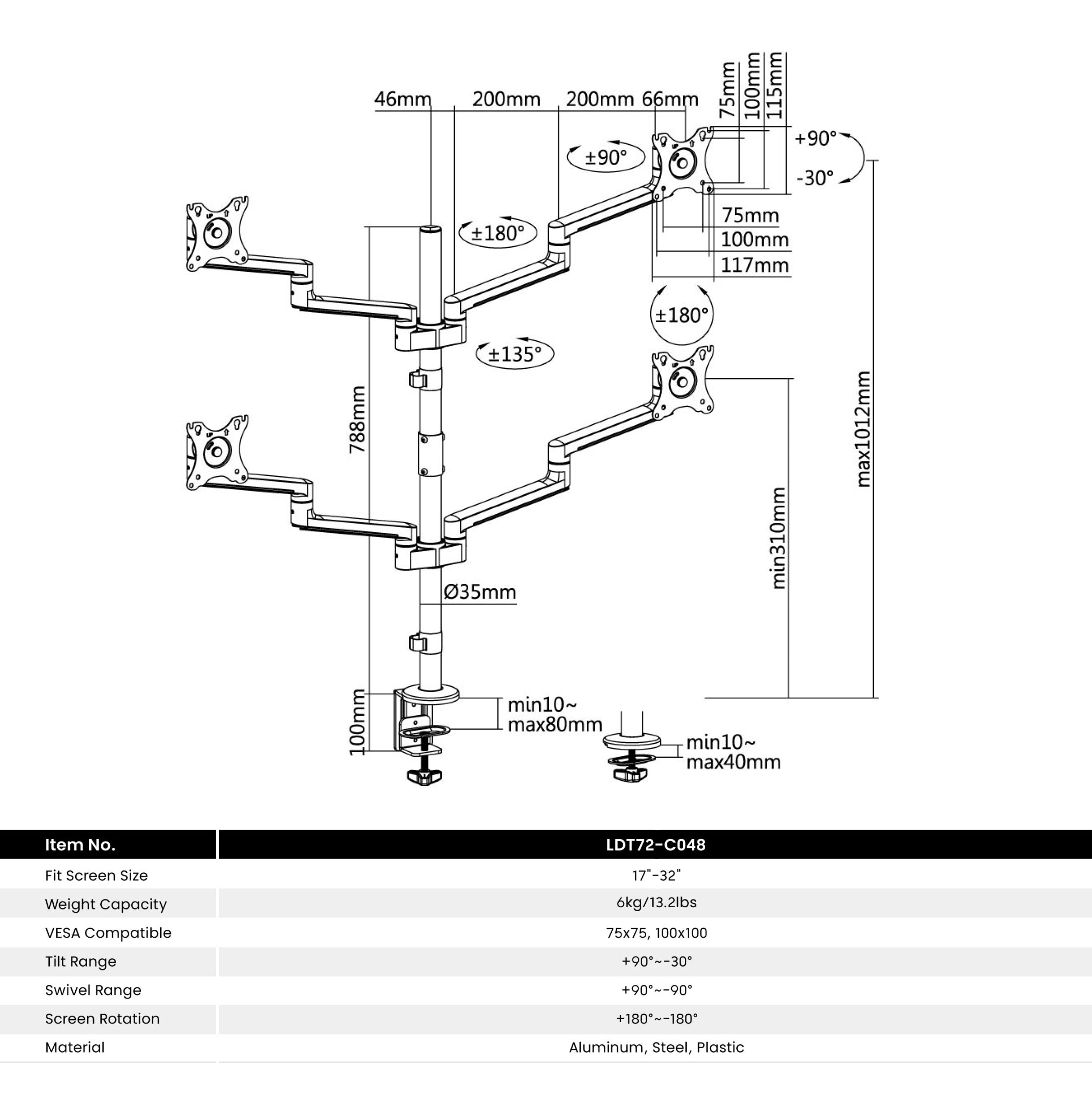 Premium Aluminum Articualting Monitor Arms Stands 4 screens