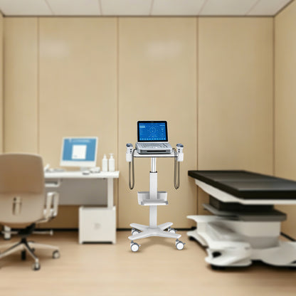 Mobile Medical Laptop Cart, Height‑Adjustable Medical Workstation Trolley with Probe Holders & Storage Bin for Ultrasound, Clinic, Hospital & Dental Use
