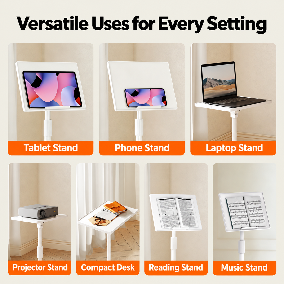 Adjustable Height Floor Tablet Stand, Multi-Purpose Laptop Book Music Stand with Heavy Base, Sit & Use Freestanding Reading Holder