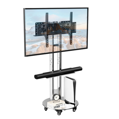 SilverTwin Stainless Steel Mobile Rolling TV Stand Cart with Pegboard Storage for 32-75 Inch TVs
