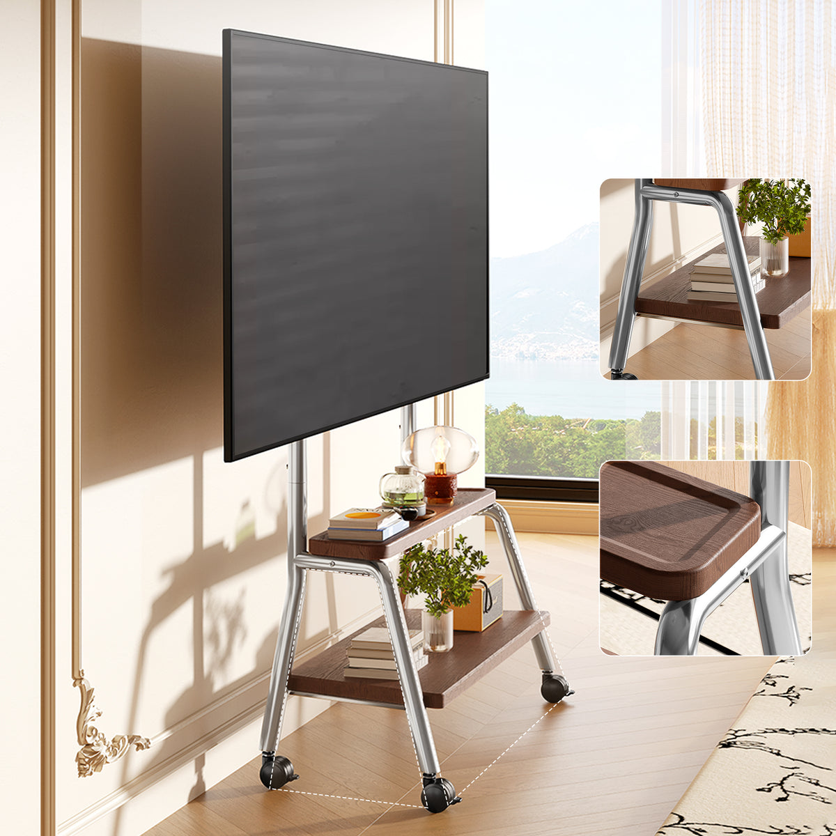 Rolling TV Cart on Lockable Casters, Movable TV Stand, Height Adjustable TV Trolley with Storage Shelf for 32" to 90" Screens