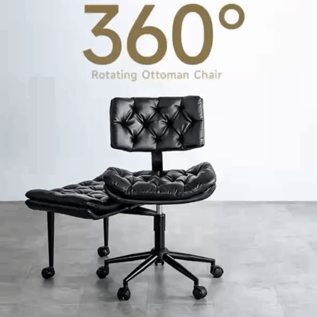 Tufted PU Leather Swivel Office Chair with Movable Footrest Black Ergonomic Desk Chair
