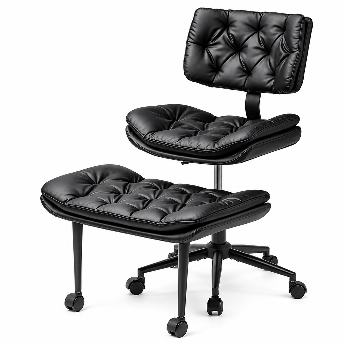Tufted PU Leather Swivel Office Chair with Movable Footrest Black Ergonomic Desk Chair