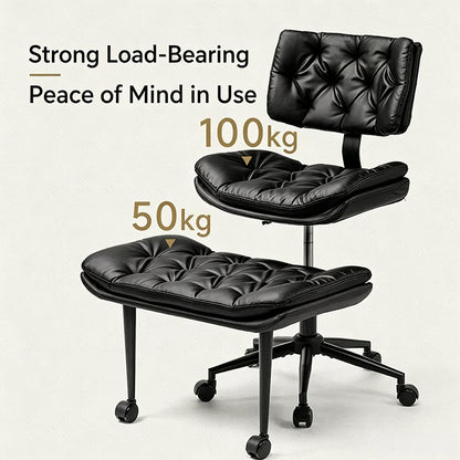 Tufted PU Leather Swivel Office Chair with Movable Footrest Black Ergonomic Desk Chair