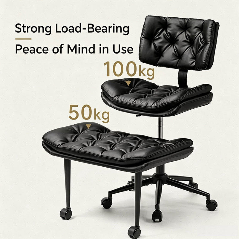 Tufted PU Leather Swivel Office Chair with Movable Footrest Black Ergonomic Desk Chair