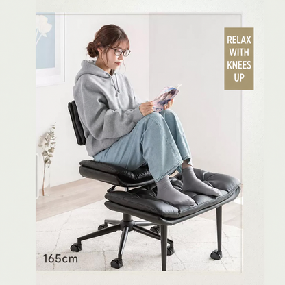 Tufted PU Leather Swivel Office Chair with Movable Footrest Black Ergonomic Desk Chair