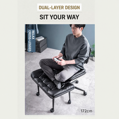 Tufted PU Leather Swivel Office Chair with Movable Footrest Black Ergonomic Desk Chair