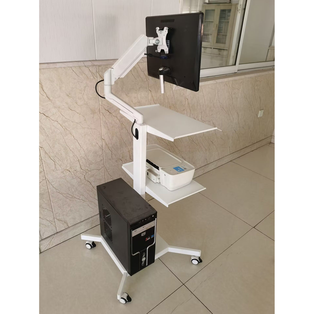 Mobile Computer Workstation Cart with Monitor Arm, Printer Shelf, Lockable Wheels MCS5