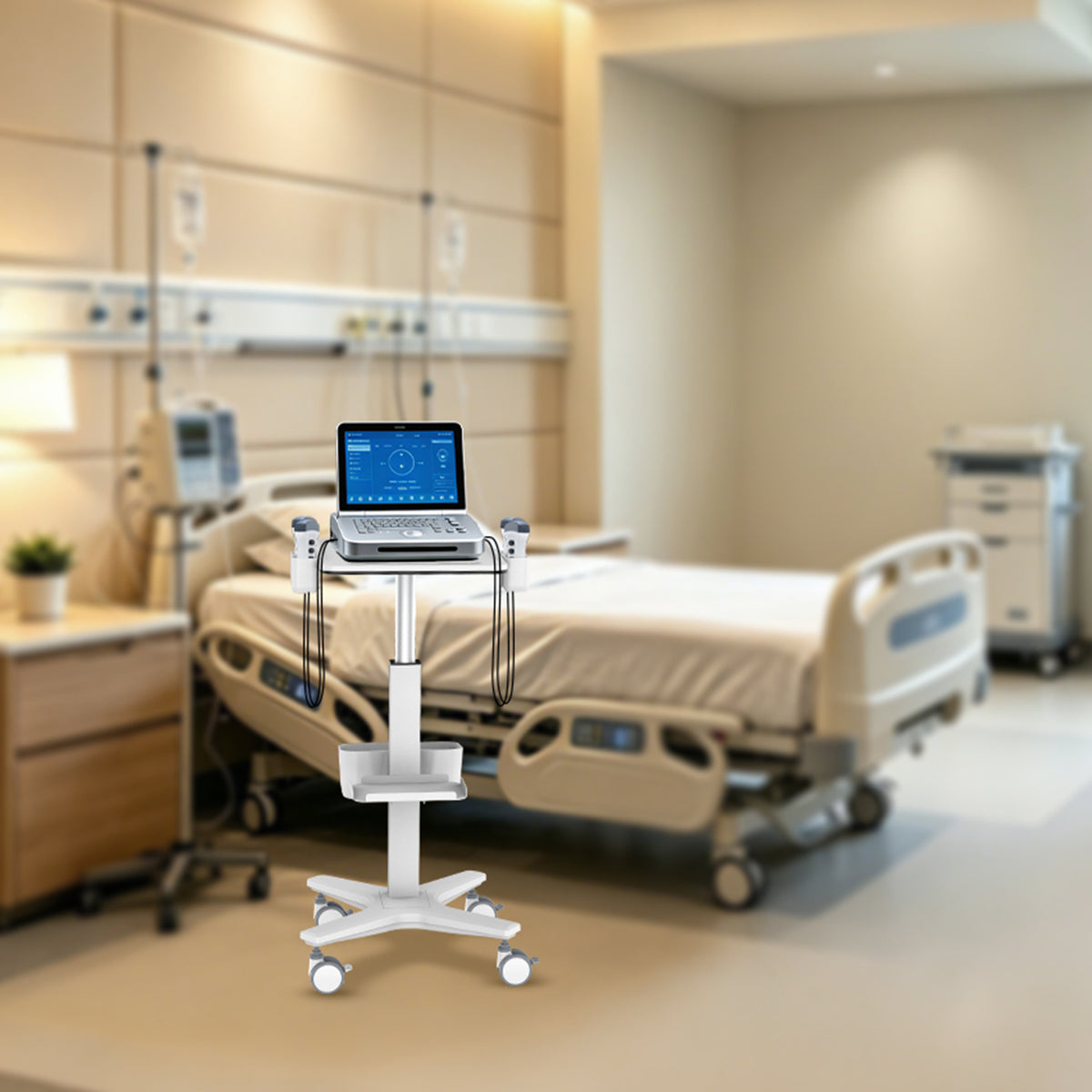 Mobile Medical Laptop Cart, Height‑Adjustable Medical Workstation Trolley with Probe Holders & Storage Bin for Ultrasound, Clinic, Hospital & Dental Use