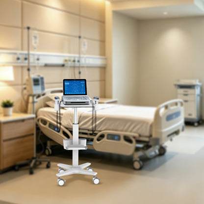 Mobile Medical Laptop Cart, Height‑Adjustable Medical Workstation Trolley with Probe Holders & Storage Bin for Ultrasound, Clinic, Hospital & Dental Use