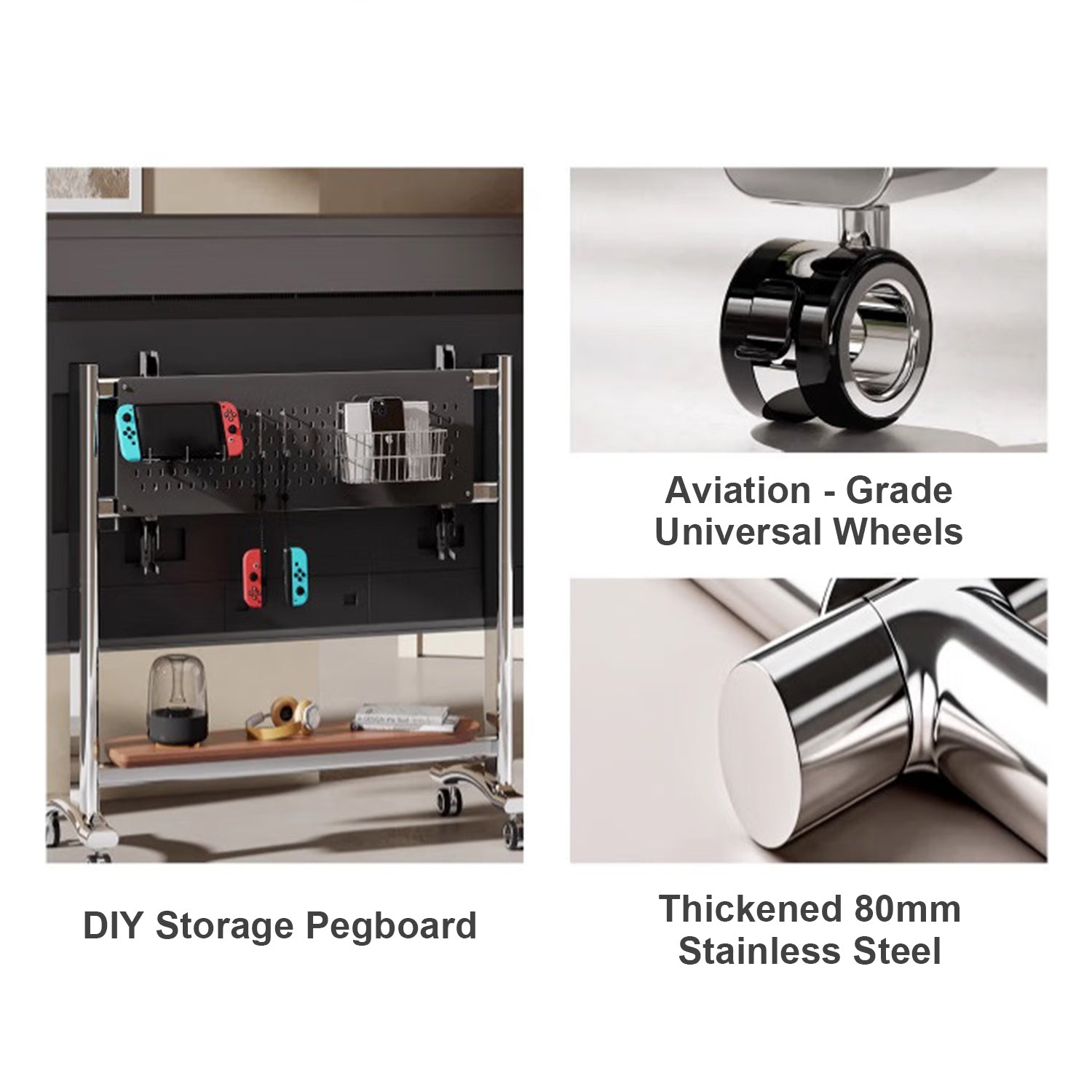 TV TROLLEY stand Stainless Steel with Timber Shelf 50 to 100 inch