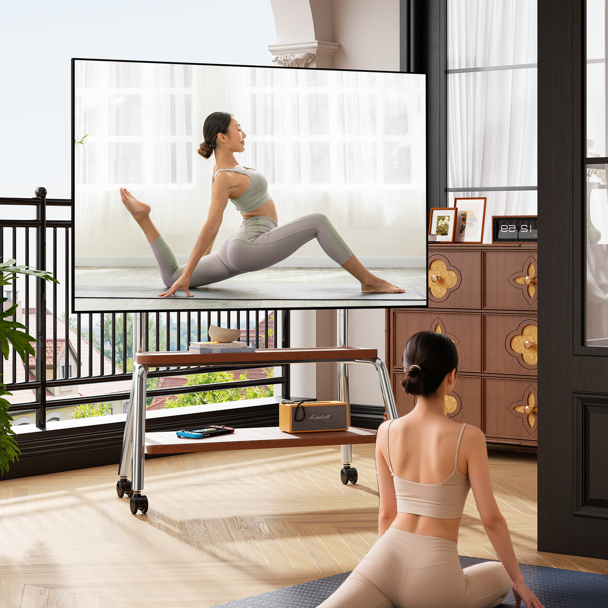 Rolling TV Cart on Lockable Casters, Movable TV Stand, Height Adjustable TV Trolley with Storage Shelf for 32" to 90" Screens