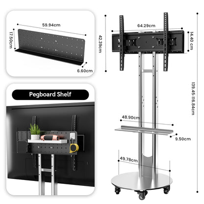 SilverTwin Stainless Steel Mobile Rolling TV Stand Cart with Pegboard Storage for 32-75 Inch TVs
