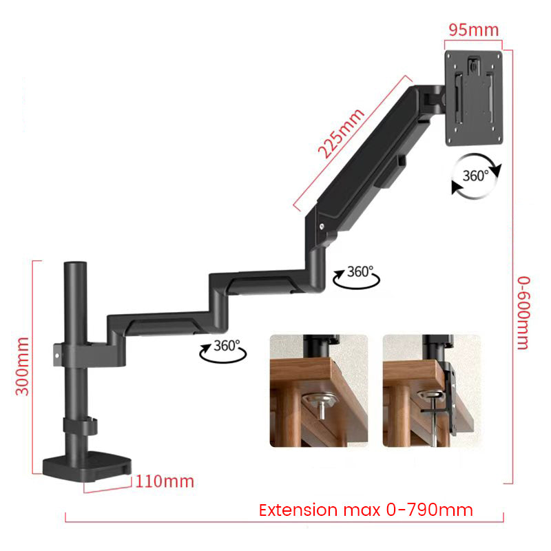 Heavy Duty Monitor Arm for 17–34" Screens, Gas Spring Single Monitor Desk Mount, Height Adjustable VESA Stand Holds 2–12 kg, Fits 75×75 / 100×100 VESA, C-Clamp & Grommet Base