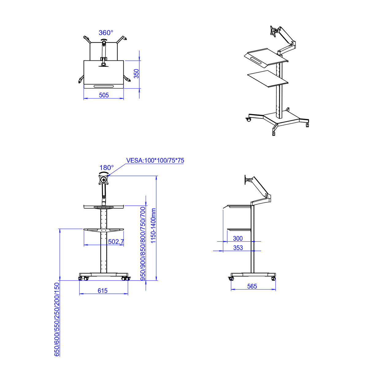 Mobile Computer Workstation Cart with Monitor Arm, Printer Shelf, Lockable Wheels MCS5