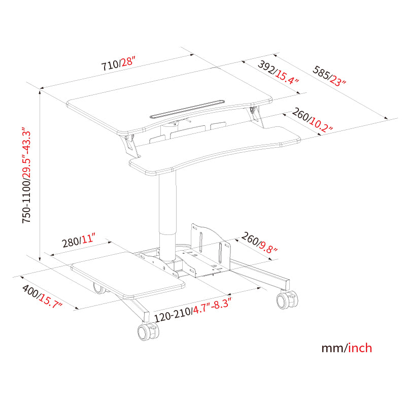 Mobile WHEELY Sit Stand Desk Folding 710mm FDS108