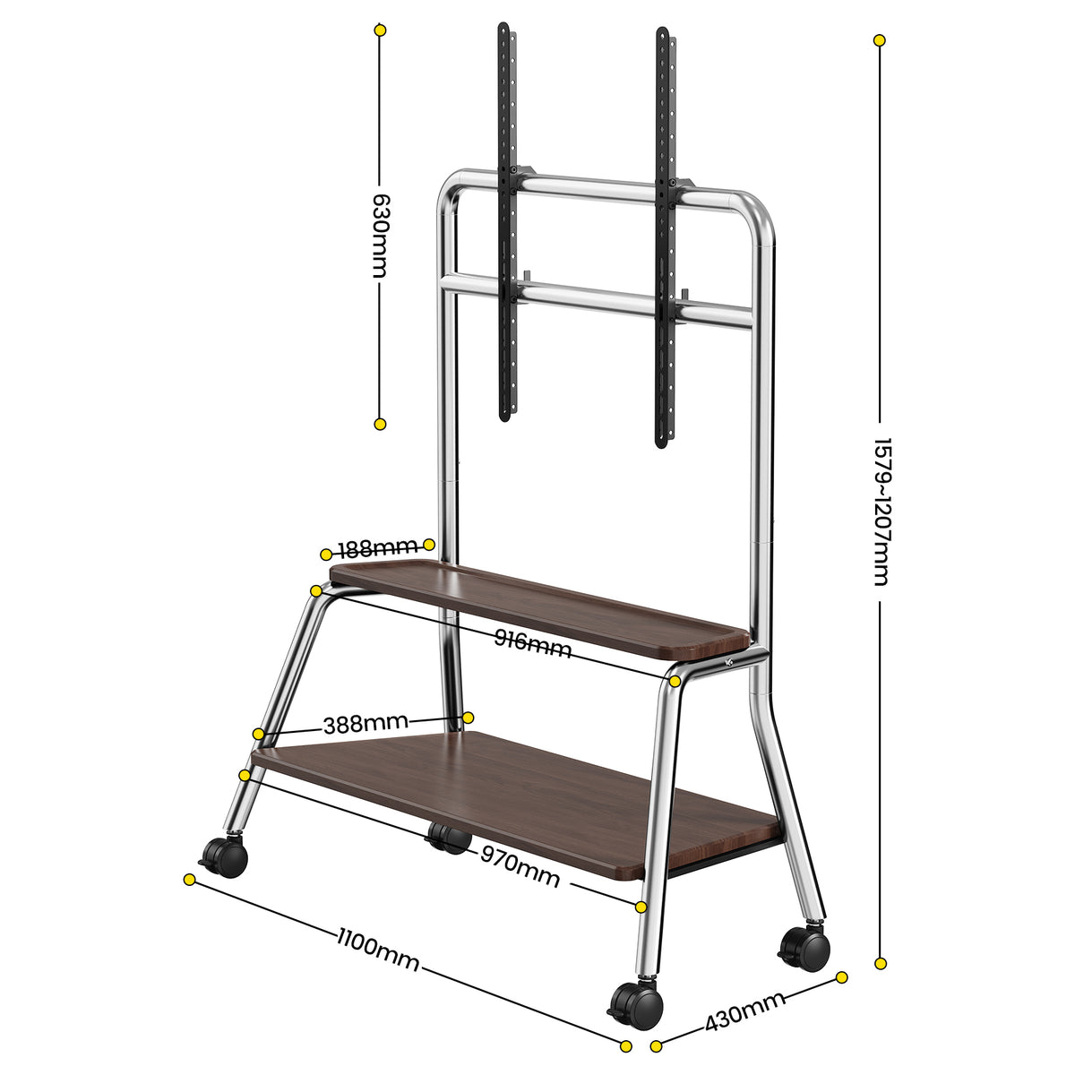 Rolling TV Cart on Lockable Casters, Movable TV Stand, Height Adjustable TV Trolley with Storage Shelf for 32" to 90" Screens