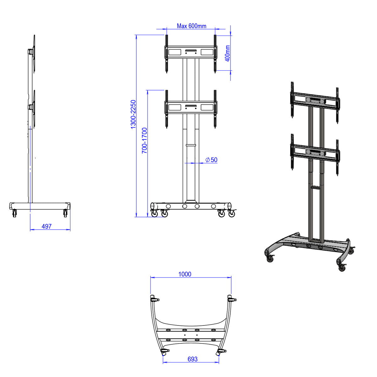 Dual Stacked TV Cart Two Screens Height Adjustable Lockable Wheels MC400