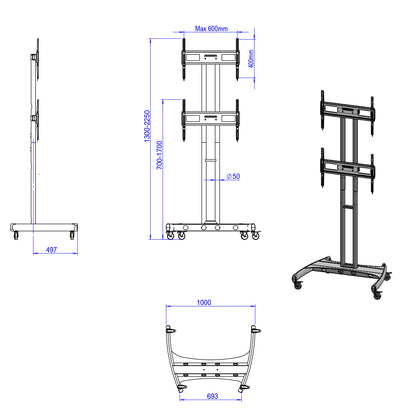 Dual Stacked TV Cart Two Screens Height Adjustable Lockable Wheels MC400