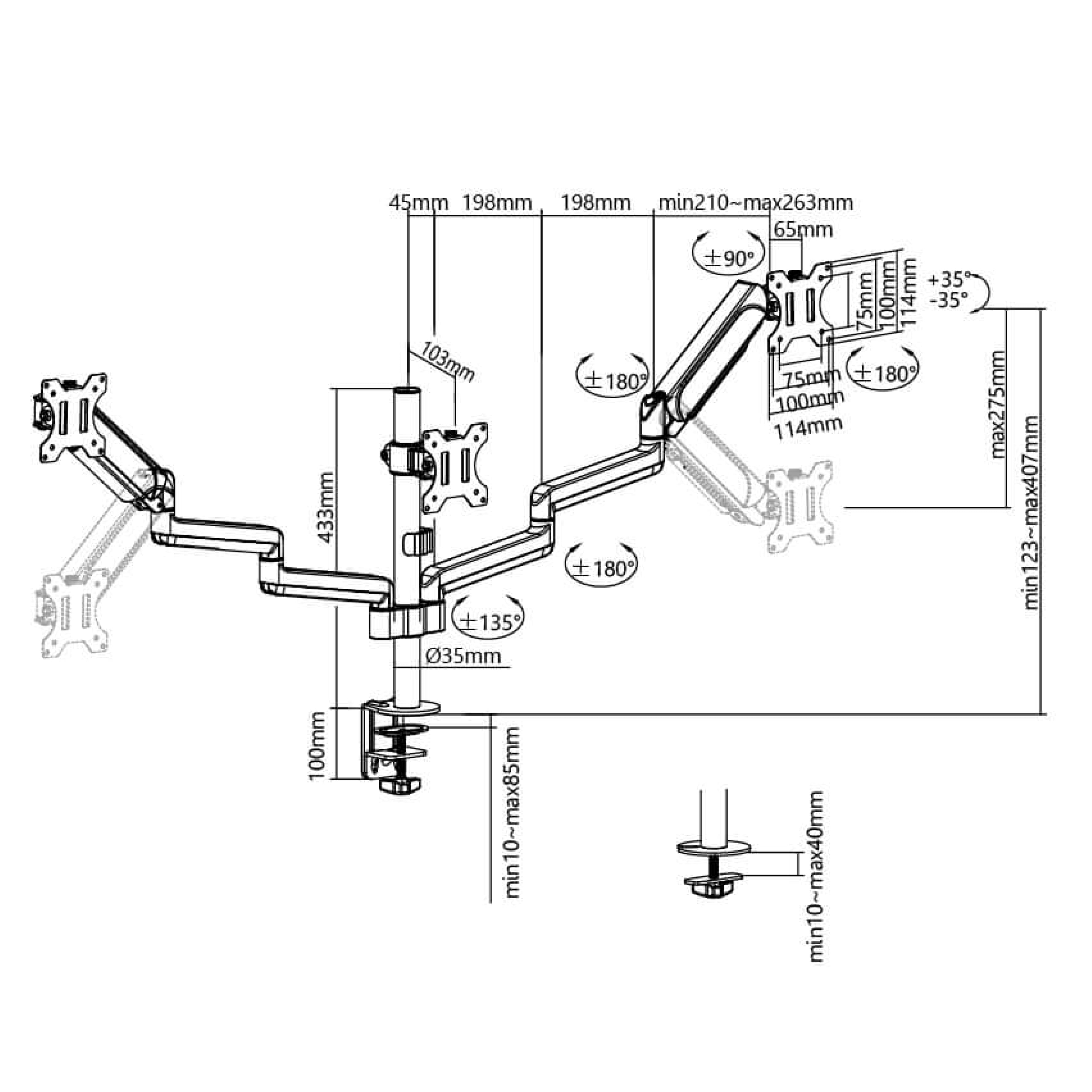 Pole Mounted Gas Spring Monitor Arms 3 Screens