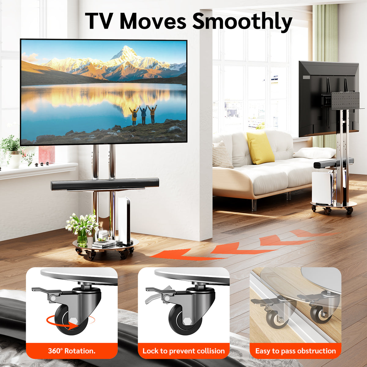 SilverTwin Stainless Steel Mobile Rolling TV Stand Cart with Pegboard Storage for 32-75 Inch TVs